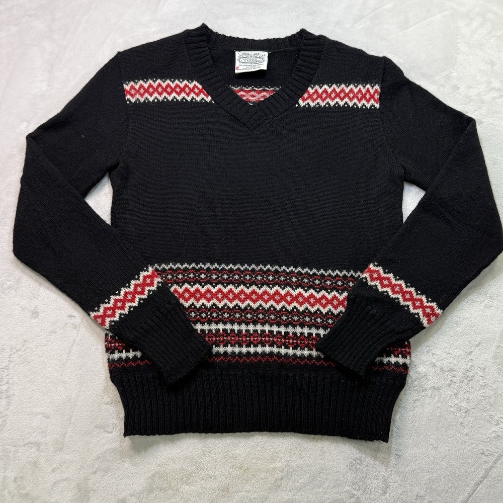 Vintage The Villager Mens L Lambswool Sweater Black Red Fair Isle Hong Kong